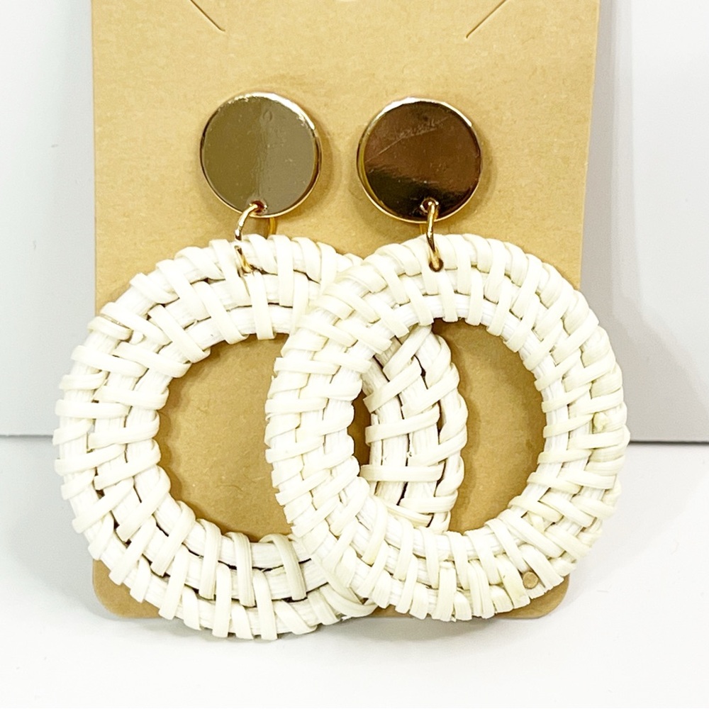 Ivory Woven Circle Rattan Statement Earrings